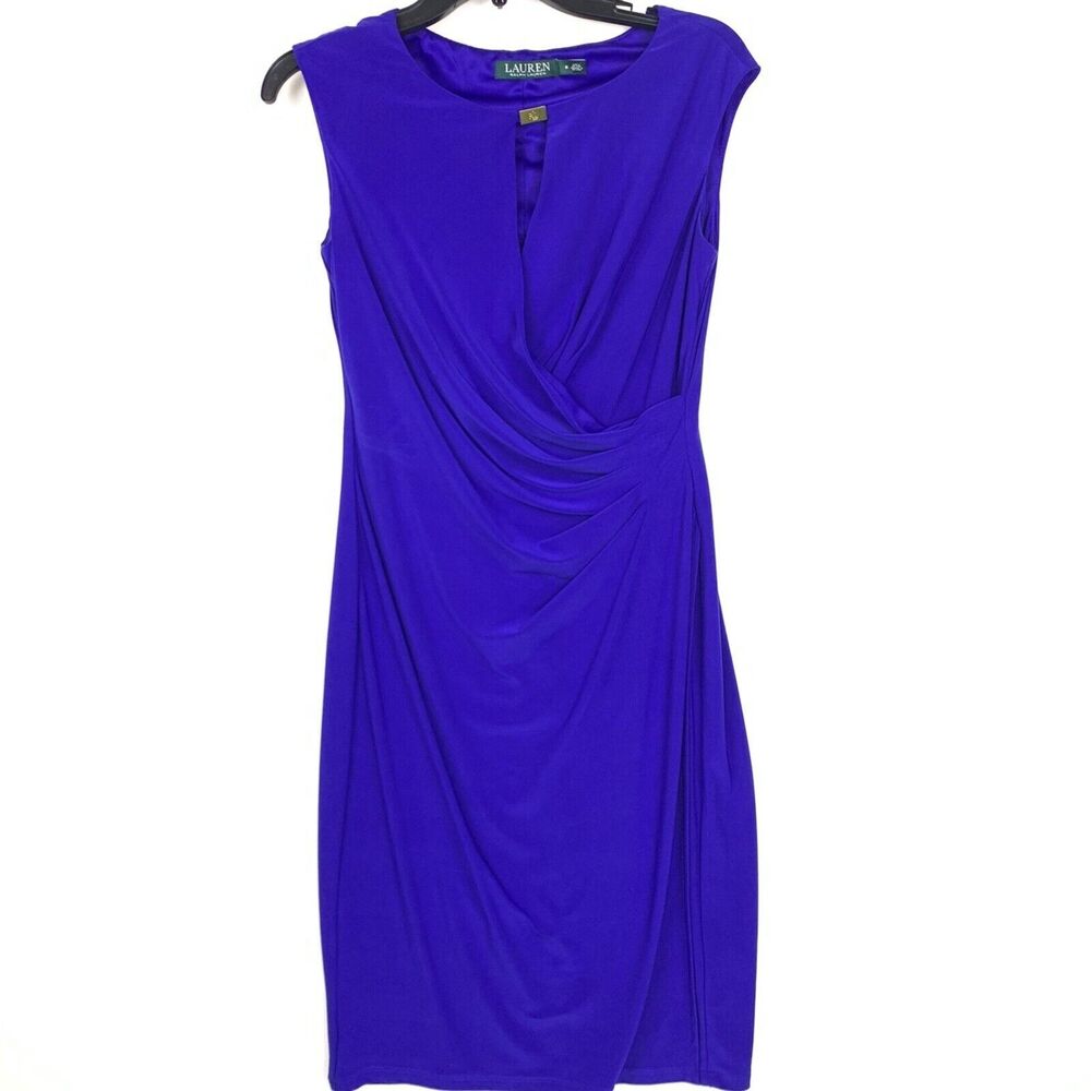 Lauren Ralph Lauren Dress Womens 8 Blue Sheath Sleeveless Logo RLL Ruched Side